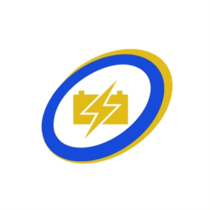 Brand logo with a blue and gold oval ring surrounding a yellow battery icon and lightning bolt.